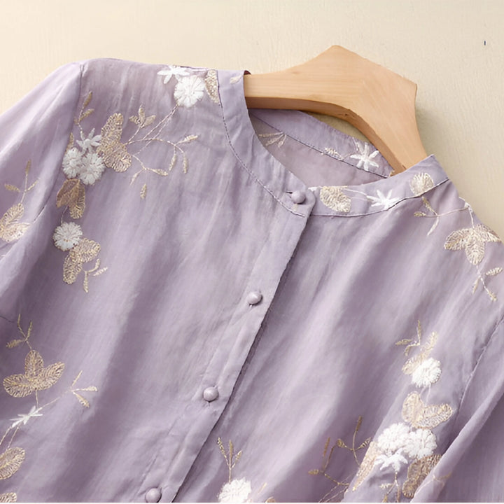 レディース 花柄刺繍 七分袖 コットンブラウス