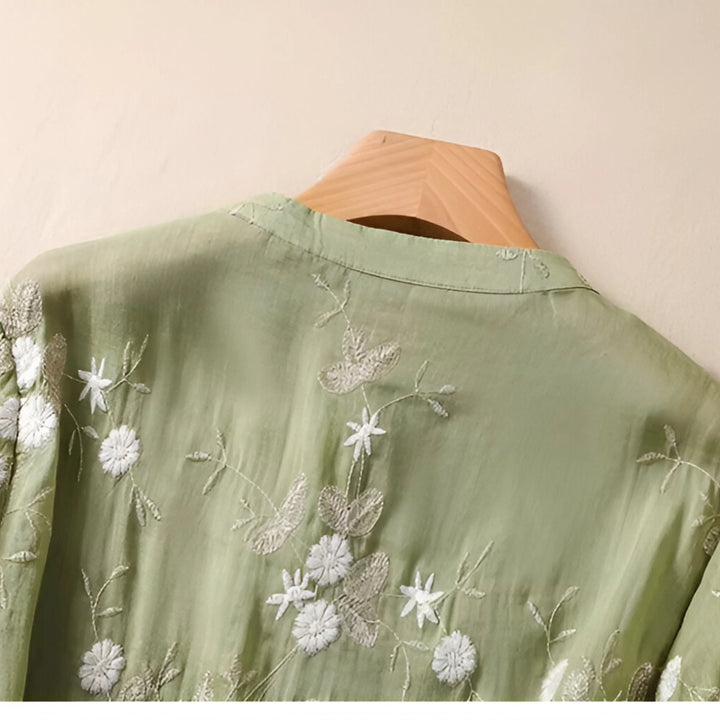 レディース 花柄刺繍 七分袖 コットンブラウス