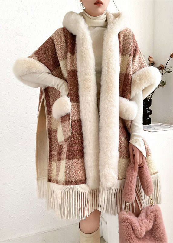 レディース チェック柄 フード付き フリース ケープコート