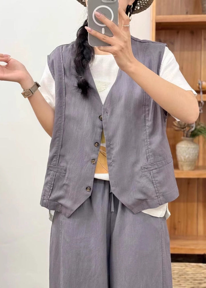 レディース Vネック ボタン ポケット付き リネン ジレ