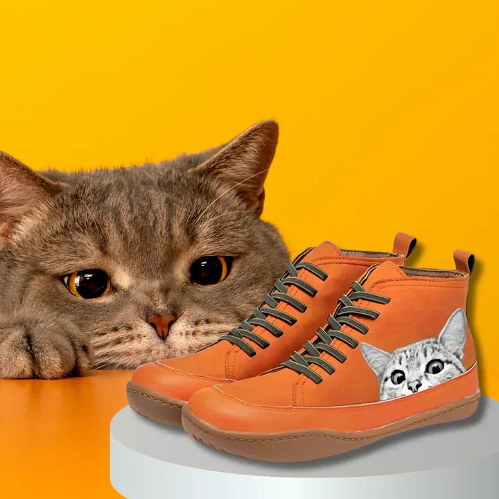 レディース 猫柄 レースアップ ショートブーツ